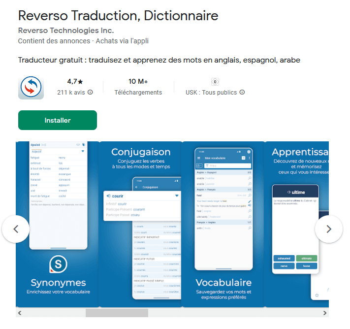 L’app de traduction Reverso sur Google Play Store