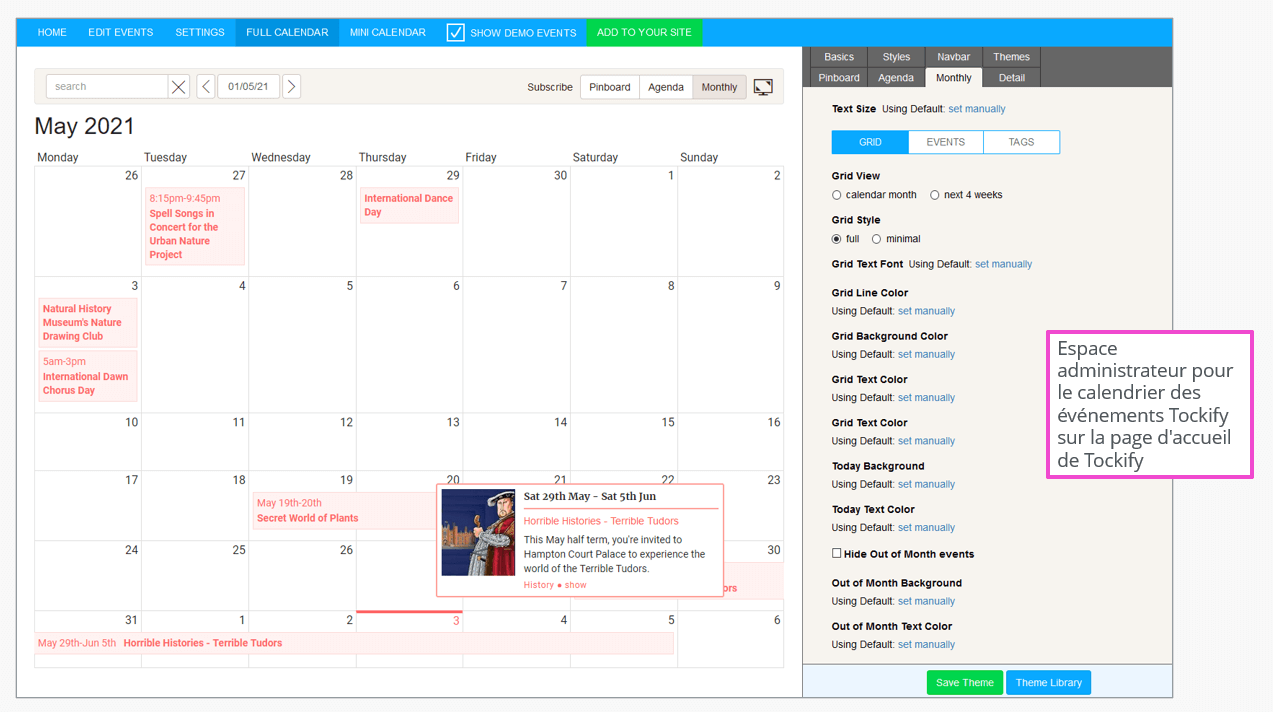 L’espace administrateur de Tockify Events Calendar sur le site Internet du fournisseur