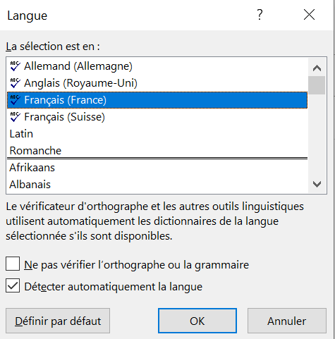 Outlook : aperçu des langues du vérificateur d’orthographe