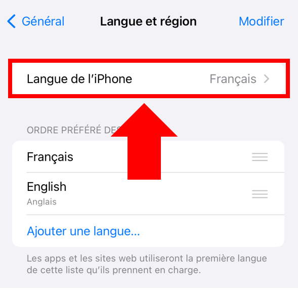 Liste des langues disponibles pour l’appareil dans le menu linguistique d’iOS