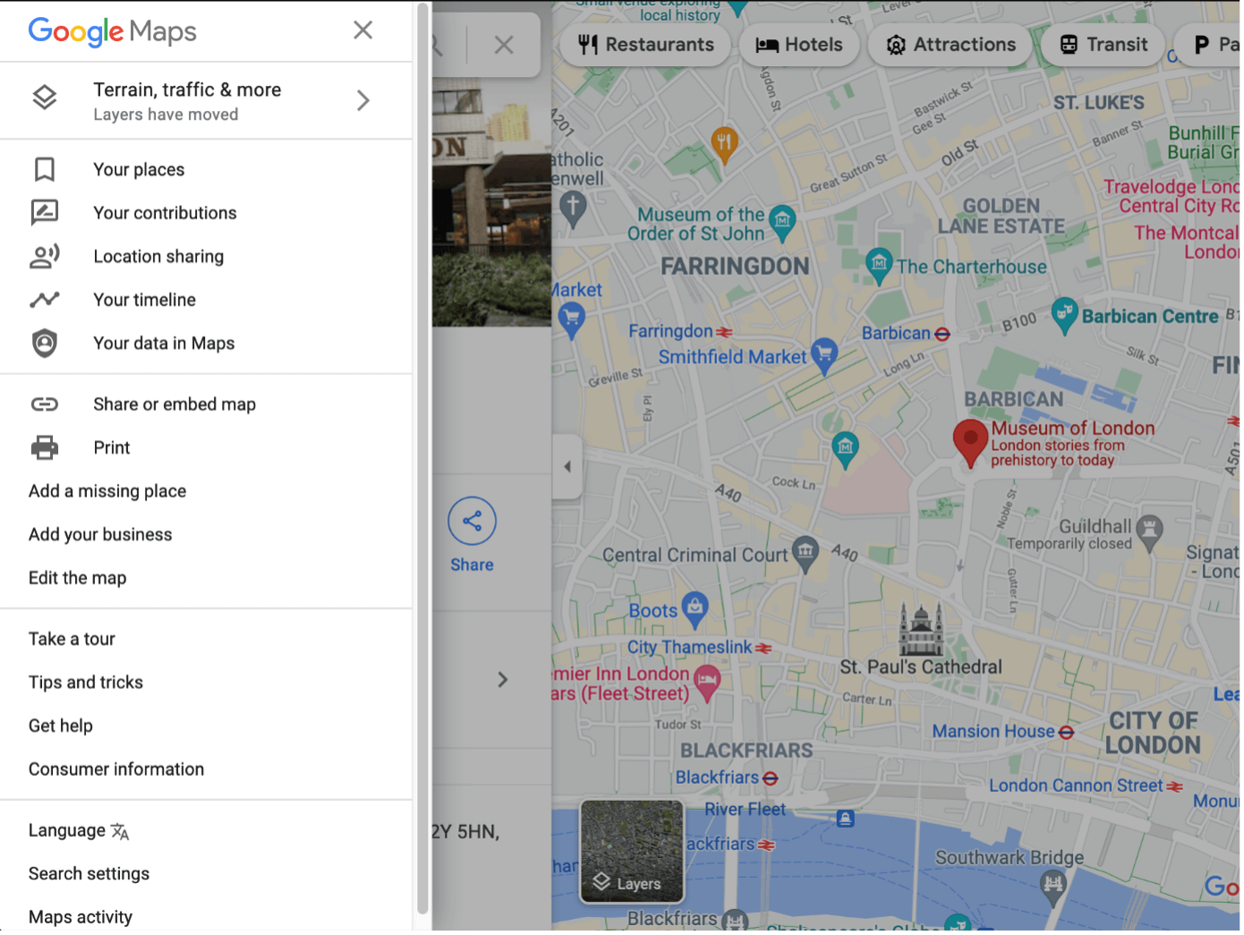 Capture d’écran d’une carte Google Maps avec le menu ouvert