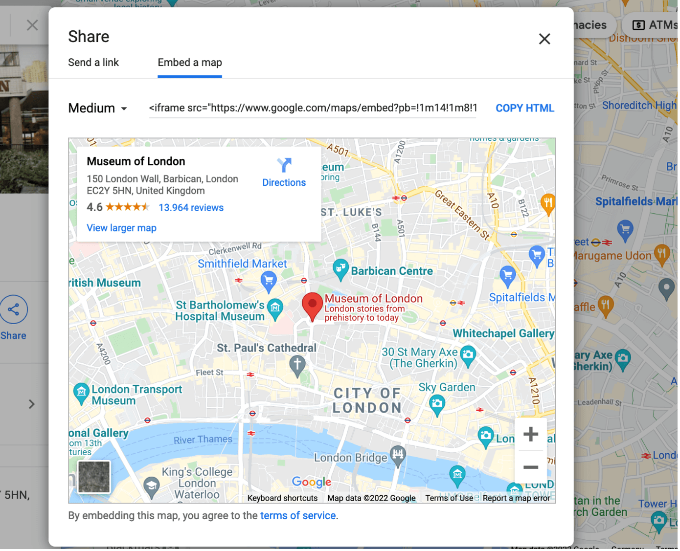Copie d’écran de l’option « Intégrer une carte » Google Maps