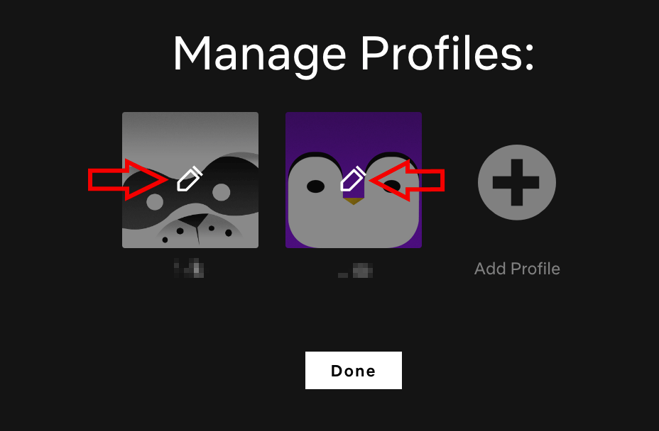 Capture d’écran de la version navigateur de Netflix avec les options de gestion des profils