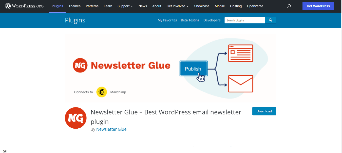 Page d’accueil du plugin Newsletter Glue