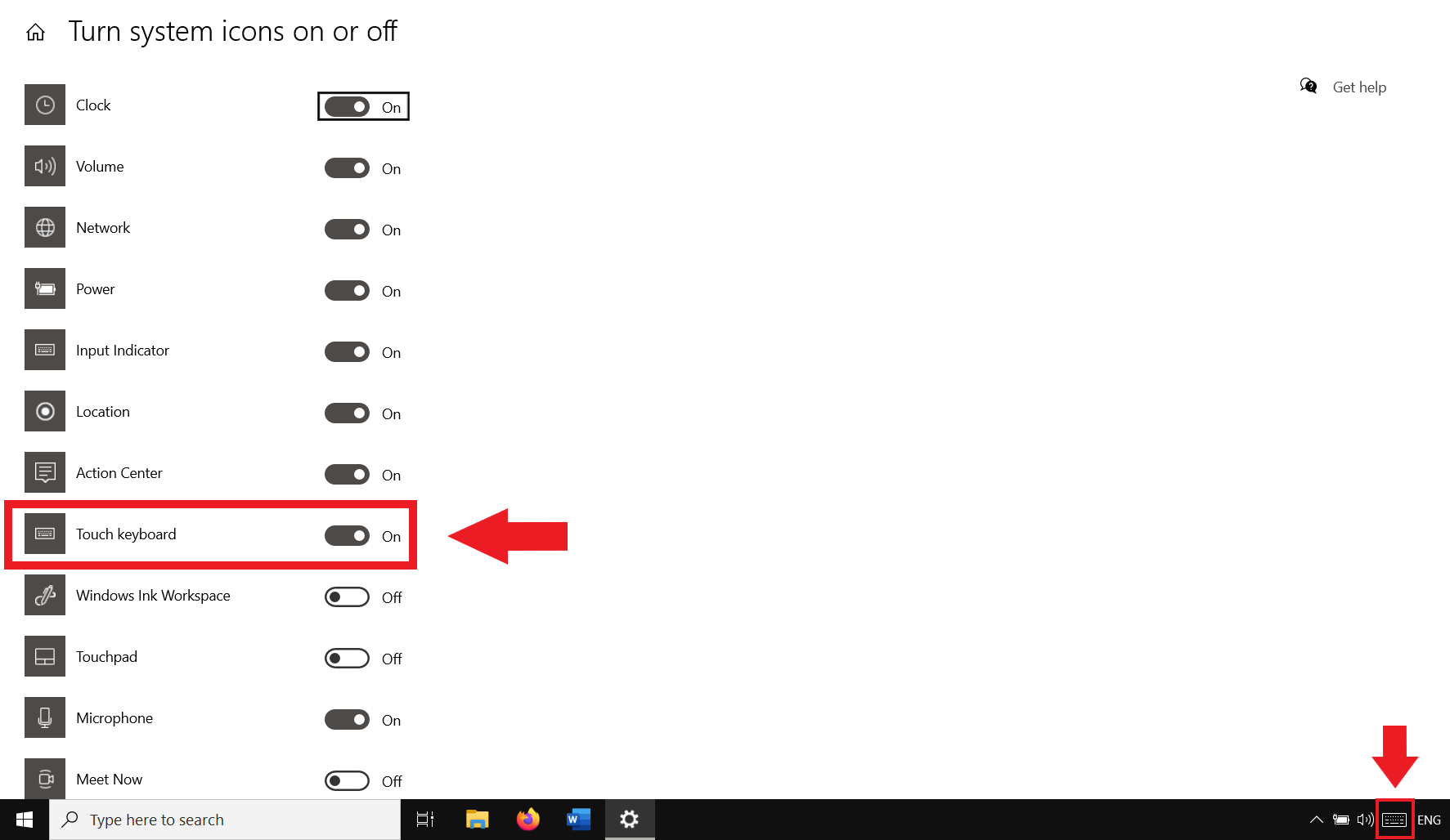 Dès que le curseur est réglé sur « On », le clavier virtuel est épinglé à la barre des tâches en bas à droite