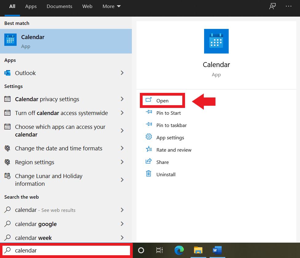 Ouvrir l’application Calendrier de Windows à l’aide de la barre de recherche
