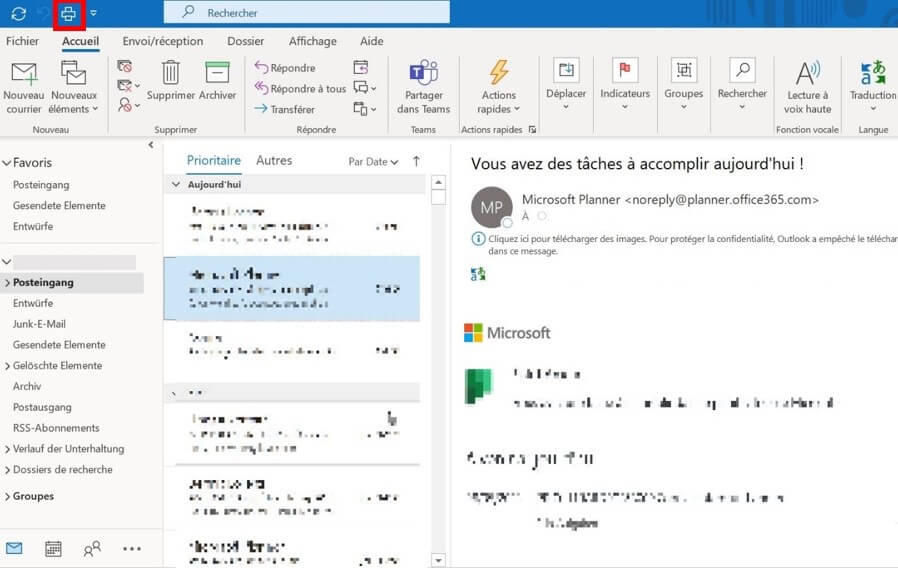 Outlook avec le symbole « Imprimer » dans la barre d’outils bleue