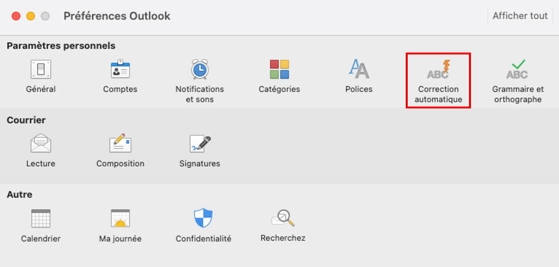 Outlook pour Mac : élément de menu « Correction Automatique » dans les préférences Outlook