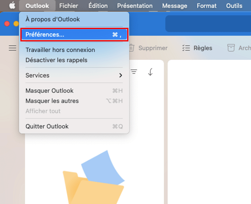 Outlook pour Mac : menu défilant avec l’option de menu « Préférences »