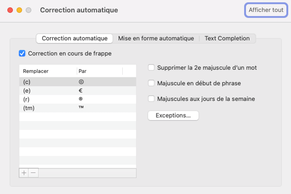 Outlook pour Mac : options de la correction automatique
