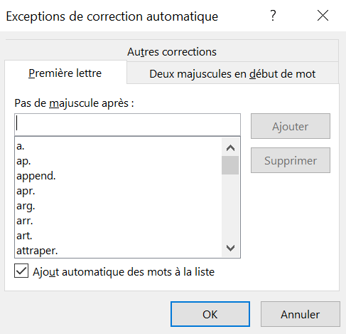 Outlook sous Windows: les exceptions de correction automatique