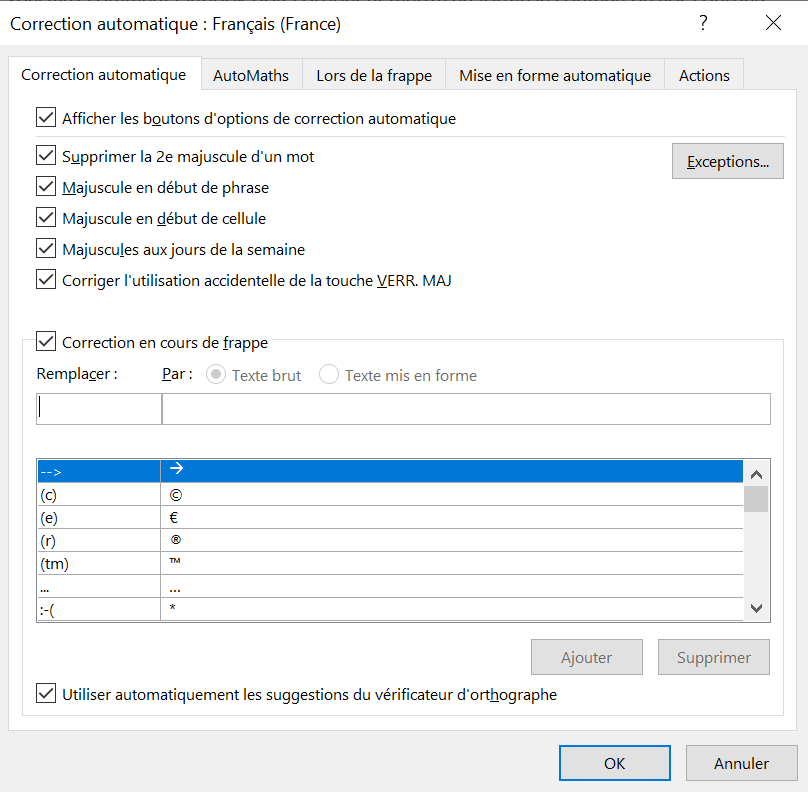 Outlook sous Windows : les options de correction automatique