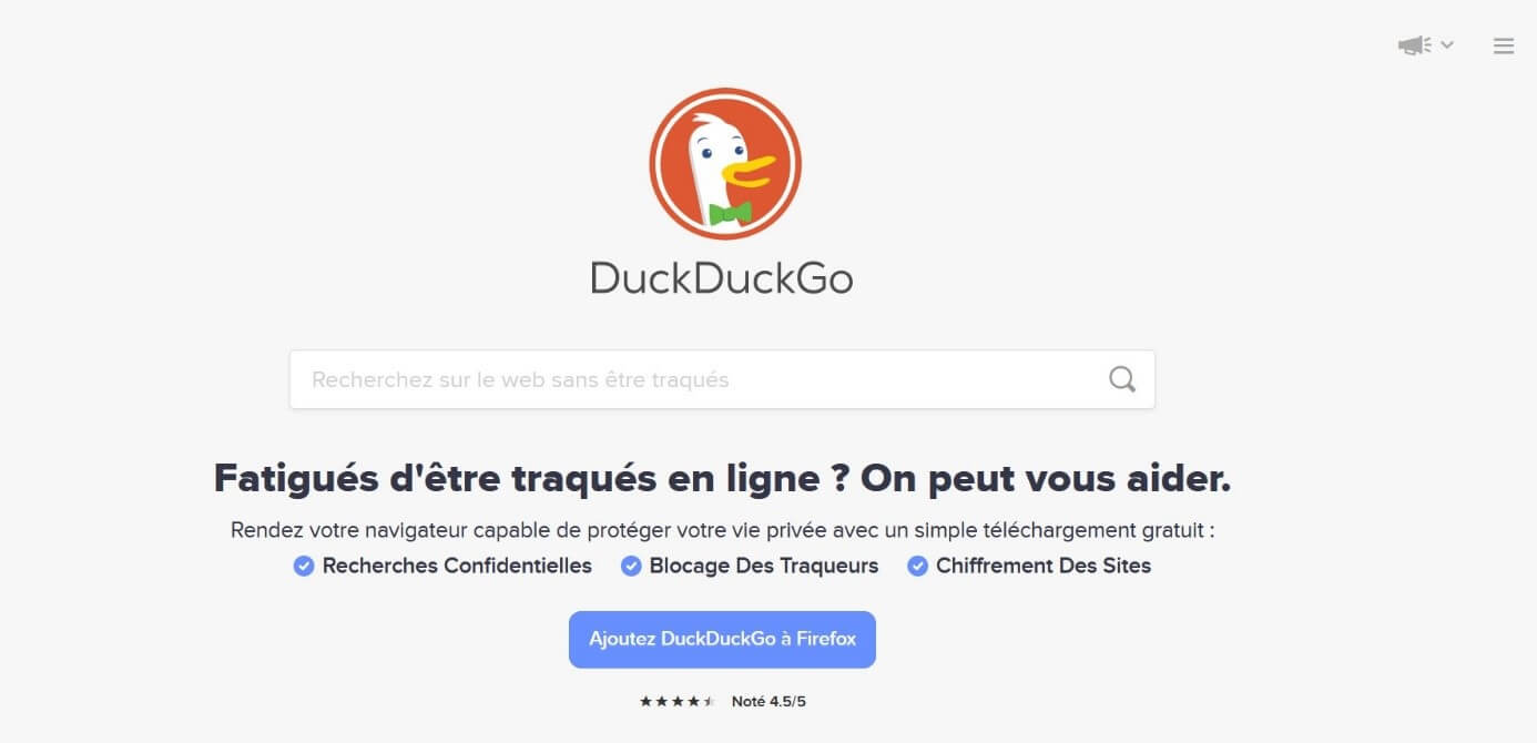 Capture d’écran de la page d’accueil de DuckDuckGo