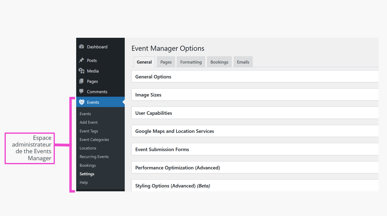 Plugin de calendrier WordPress Events Manager dans le back-end WordPress