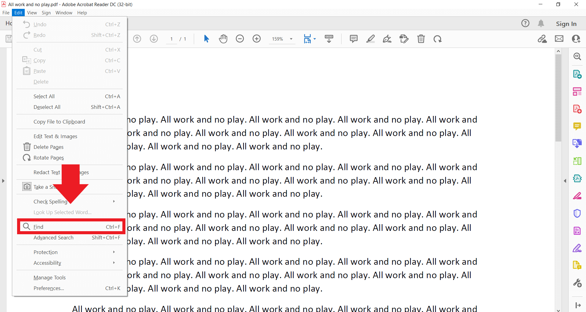 Appel de la fonction de recherche d’Adobe Acrobat Reader à partir du menu « Édition »