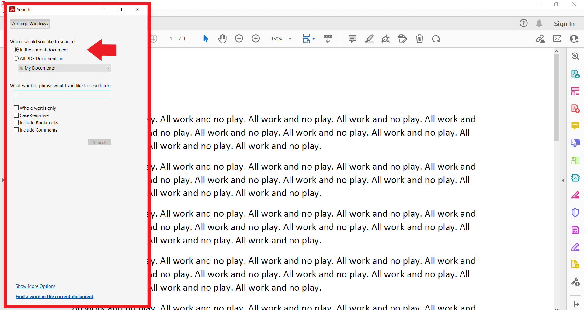 Fenêtre de menu « Recherche avancée » d’Adobe Acrobat Reader
