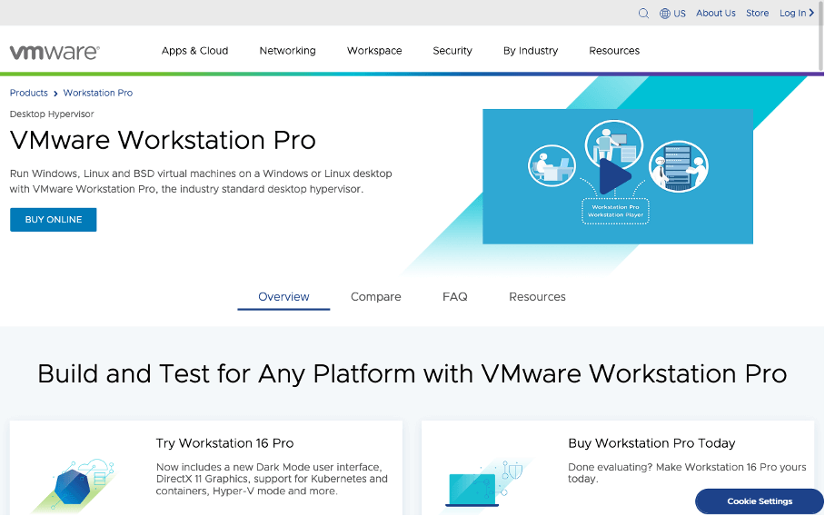 Capture d’écran du site de VMware Workstation Pro