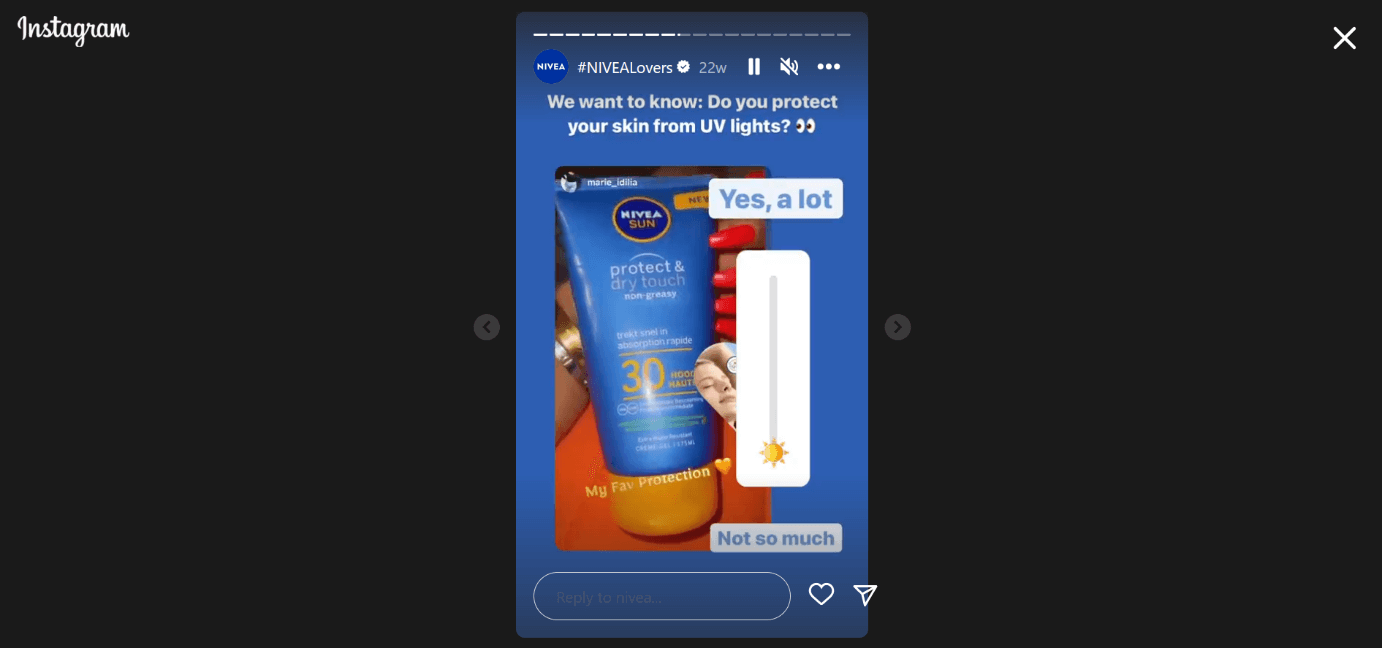 Capture d’écran d’un post Instagram de la marque Nivea avec un sondage