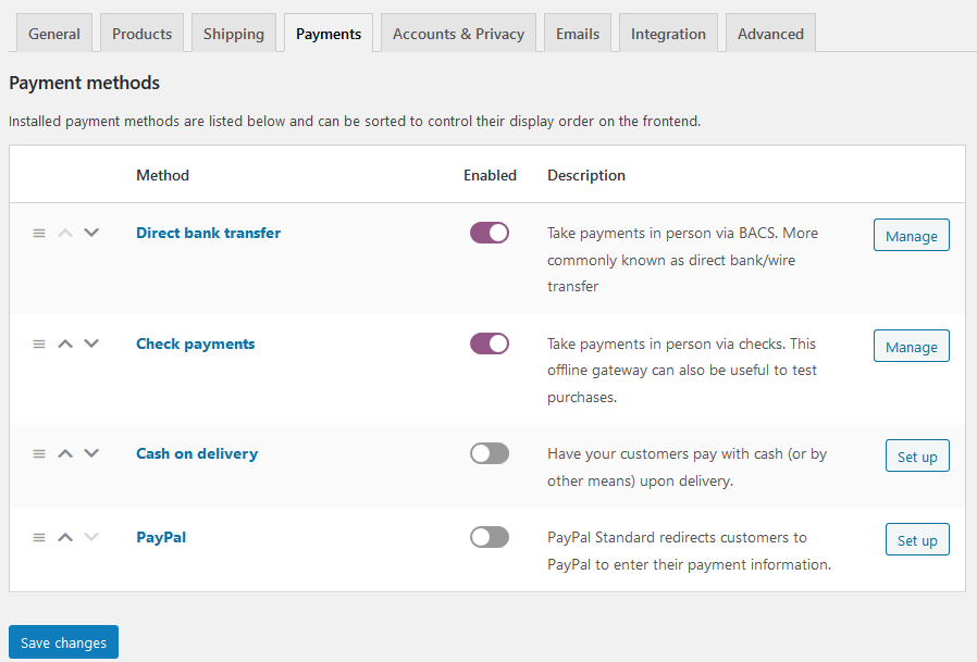 Capture d’écran des options de paiement par défaut dans WooCommerce