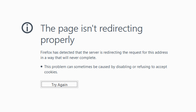 Capture d’écran du message d’erreur ERR_TOO_MANY_REDIRECTS dans Firefox