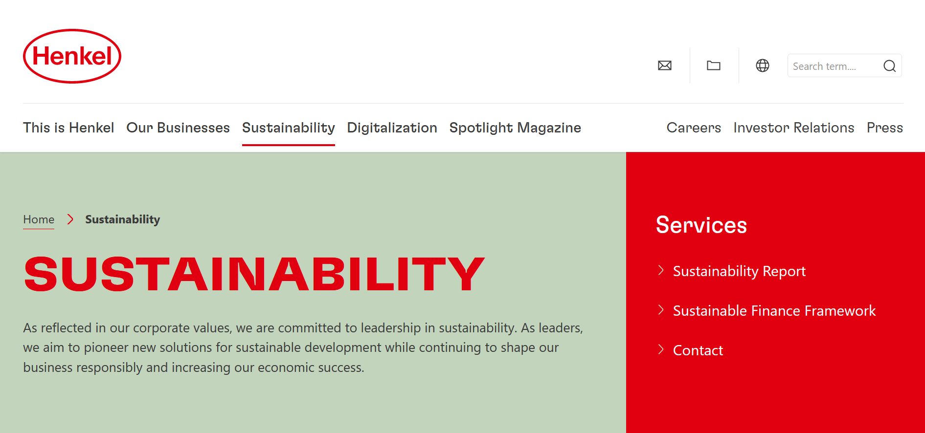 Capture d’écran du site Web de Henkel : page sur le thème du « Développement Durable »