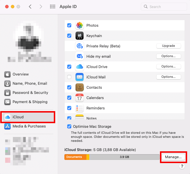 Capture d’écran des paramètres iCloud dans Mac
