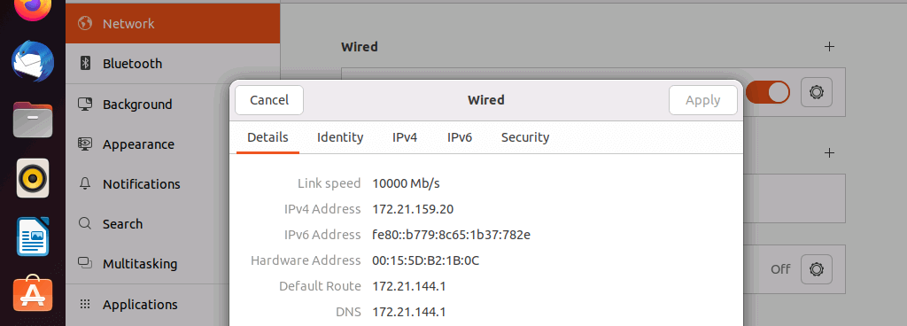 Capture d’écran des options réseau dans Ubuntu