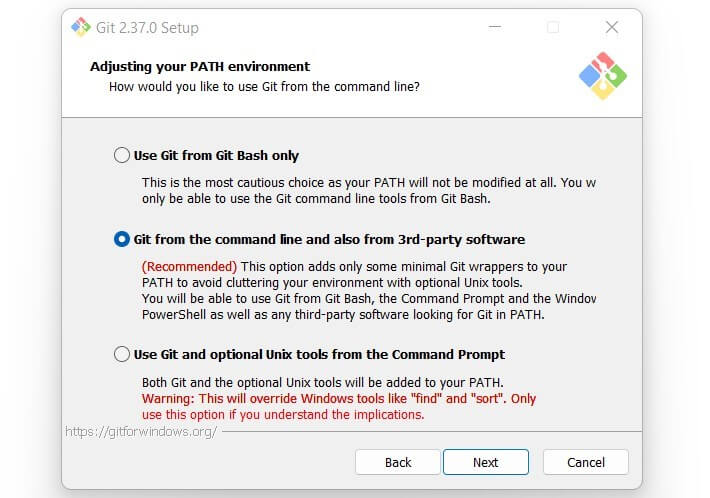 Copie d’écran des critères de sélection de l’environnement PATH lors de l’installation de Git Bash