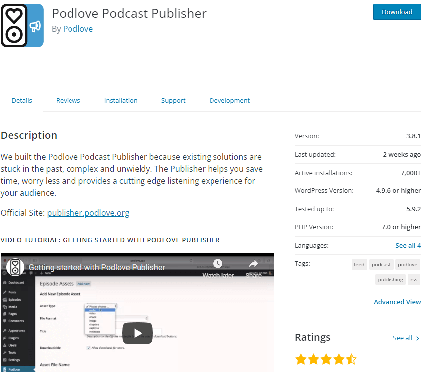 Capture d’écran du plugin Podlove Podcast Publisher sur WordPress