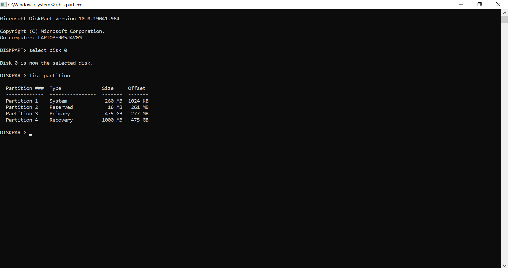 Capture d’écran de la fenêtre « C:\Windows\System32\diskpart.exe »