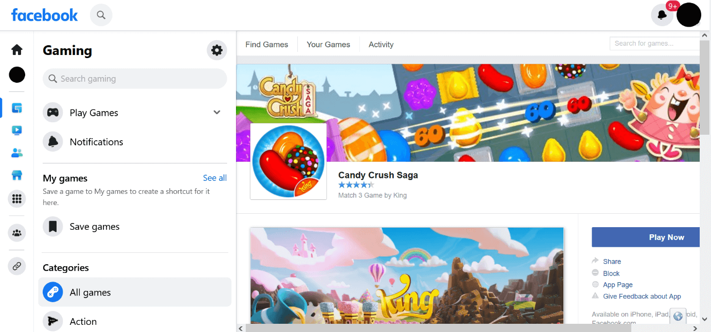 Capture d’écran de la page Facebook du jeu social Candy Crush Saga