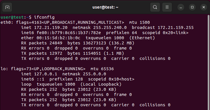 Capture d’écran de la commande « ifconfig » sous Linux