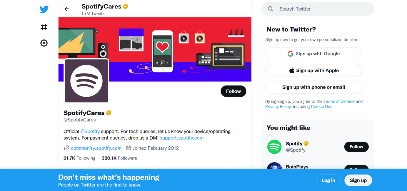 Capture d’écran de la page Twitter de SpotifyCares