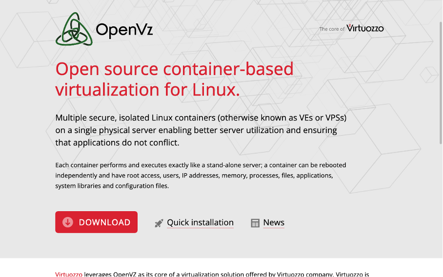 Capture d’écran du site d’OpenVZ