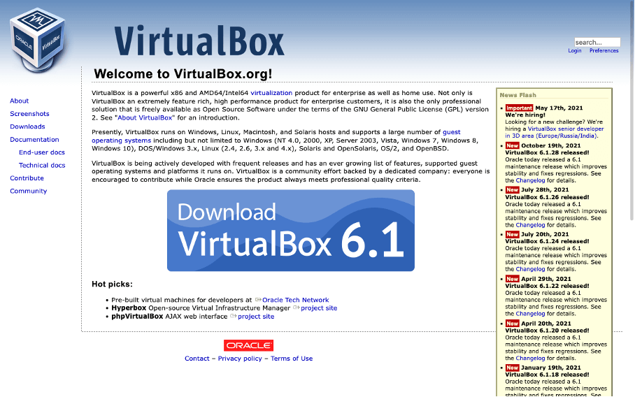 Capture d’écran du site d’Oracle VirtualBox