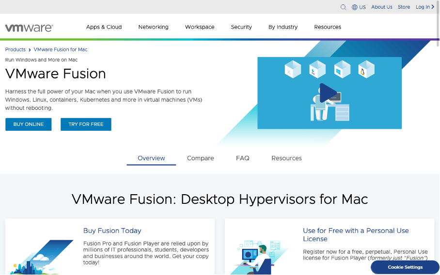 Capture d’écran du site de Vmware Fusion Pro