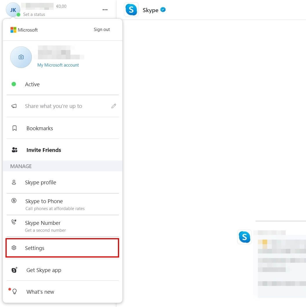 Skype : menu « Paramètres »