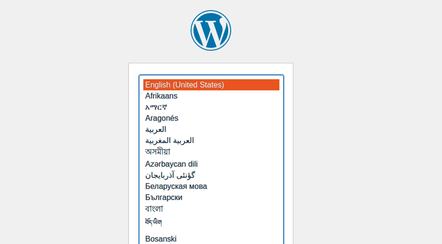Écran de démarrage de l’assistant d’installation de WordPress avec choix de la langue