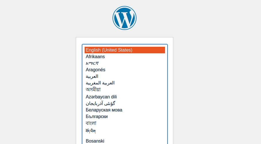WordPress installation wizard splash screen with language choice WordPress installation wizard splash screen with language choice