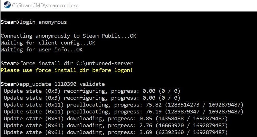 SteamCMD : installation du logiciel serveur Unturned