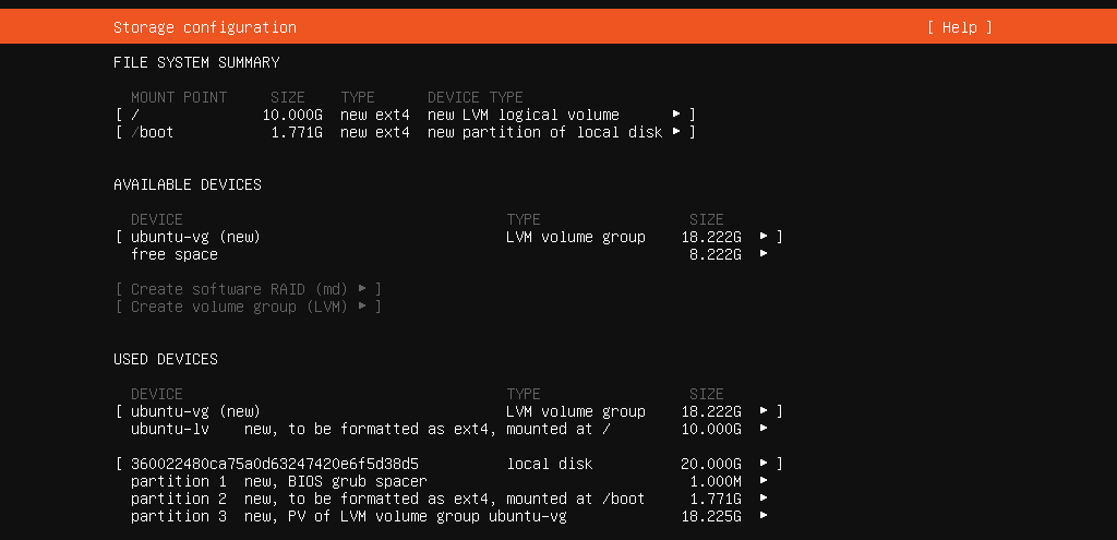 Réglage de l’espace de stockage dans le cadre de la configuration du serveur Ubuntu