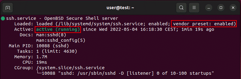 Sortie du terminal pour la vérification de l’état d’OpenSSH