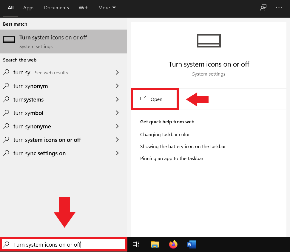 Tapez « Icônes système » dans la barre de recherche de Windows et ouvrez le menu des icônes du système