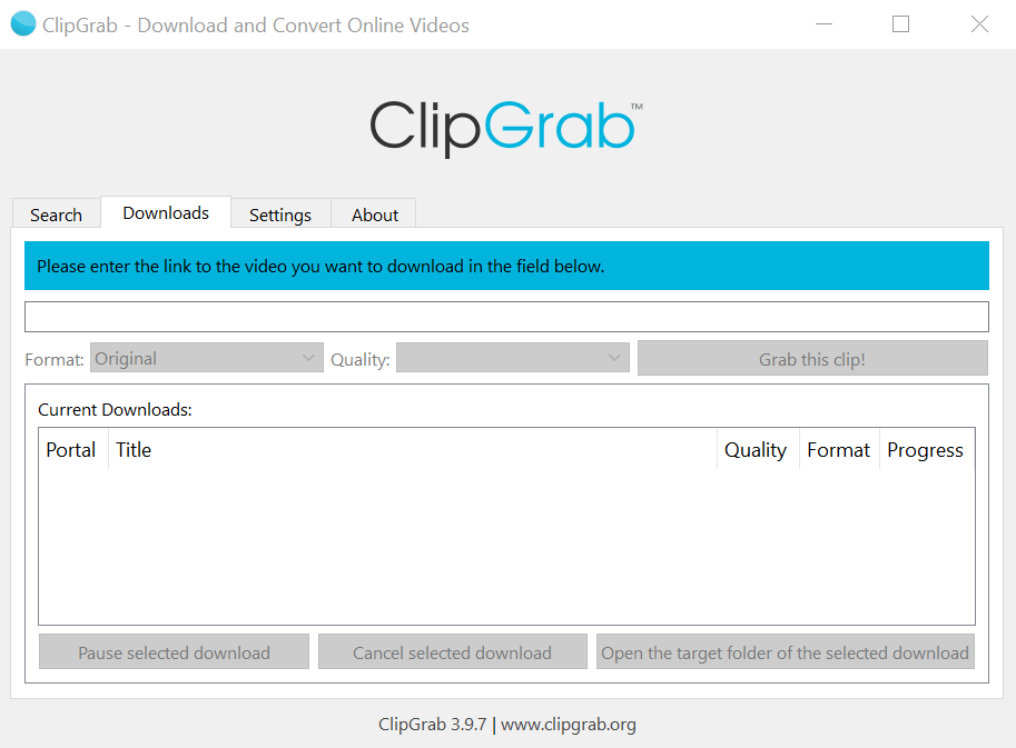 Interface utilisateur ClipGrab