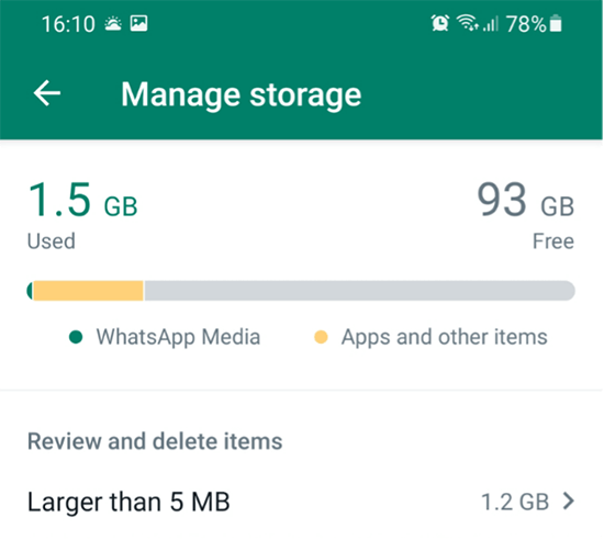 Capture d’écran de « Gérer le stockage » dans WhatsApp