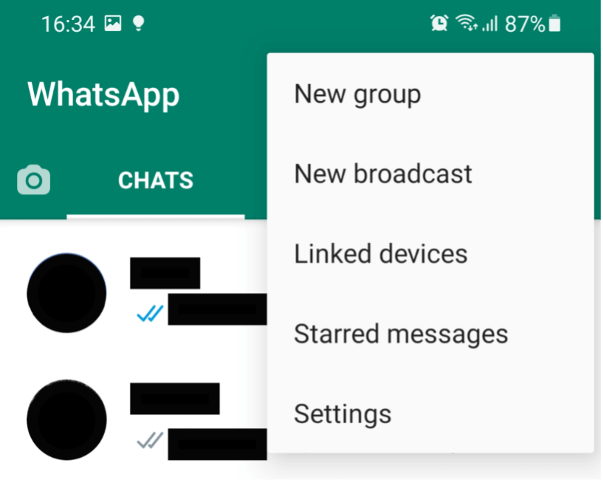 Capture d’écran de WhatsApp avec le menu de navigation ouvert