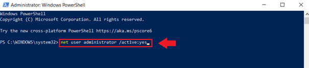 Dans l’interpréteur de commandes PowerShell, entrez la commande « Net user administrator /active:yes »