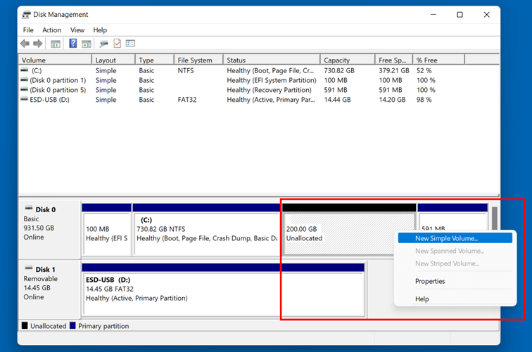 Gestion des disques Windows 11 : espace non alloué