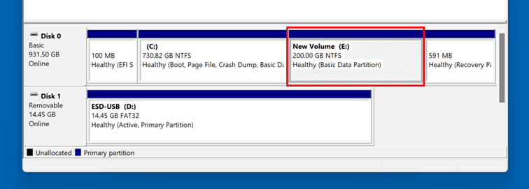 Gestionnaire de disques Windows 11 : partition nouvellement ajoutée