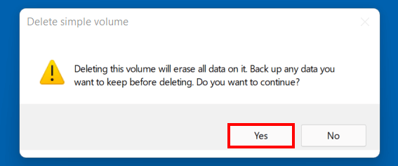 Boîte de dialogue « Supprimer un volume simple » dans Windows 11